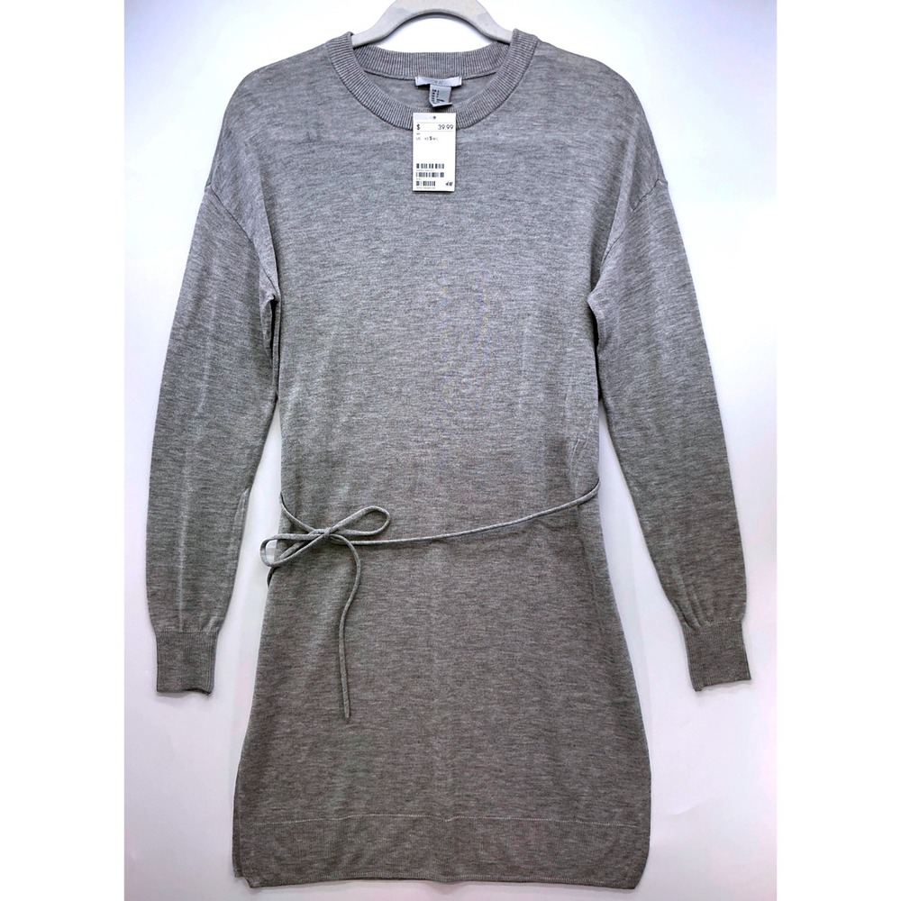 H&M Gray Knit Tie Waist Sweater Dress Sz S Minimalist Euro Summer Capsule Piece